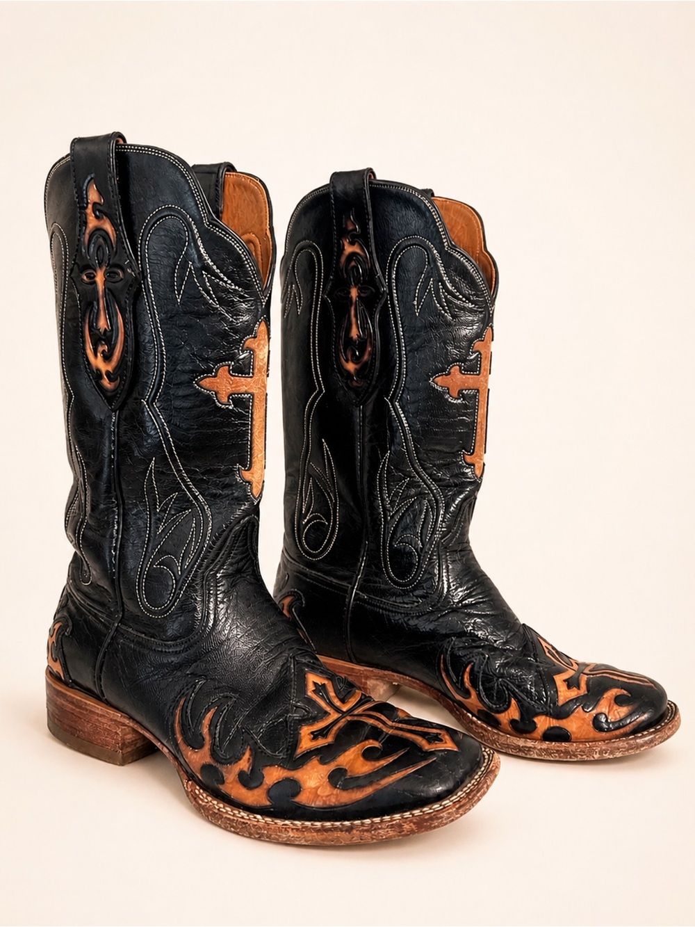 Black Jack Cross Flame Western Cowboy Boots Handmade USA Size 9B